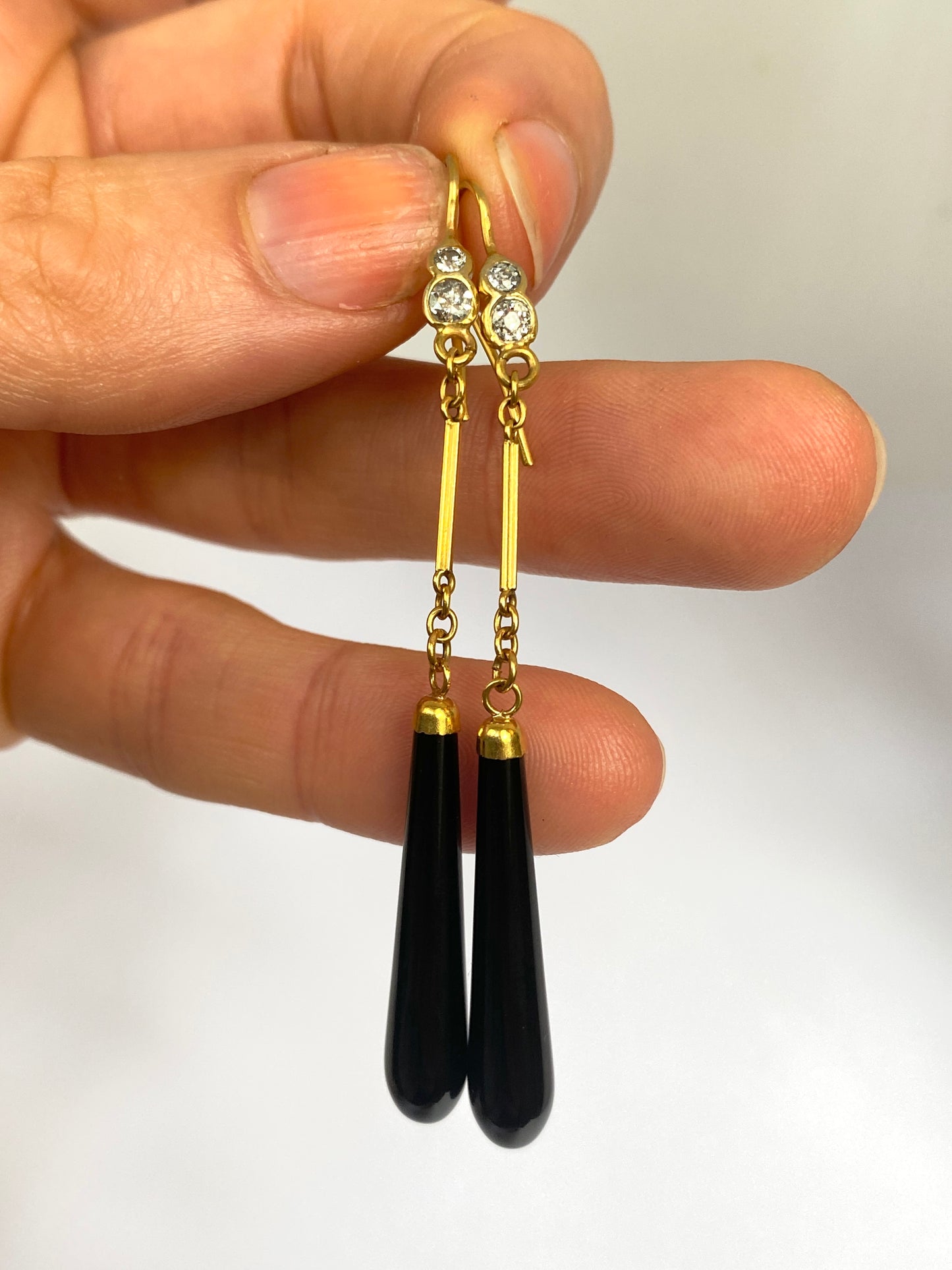 Antique, Art Deco, 15ct Gold Black Onyx and Diamond drop Earrings