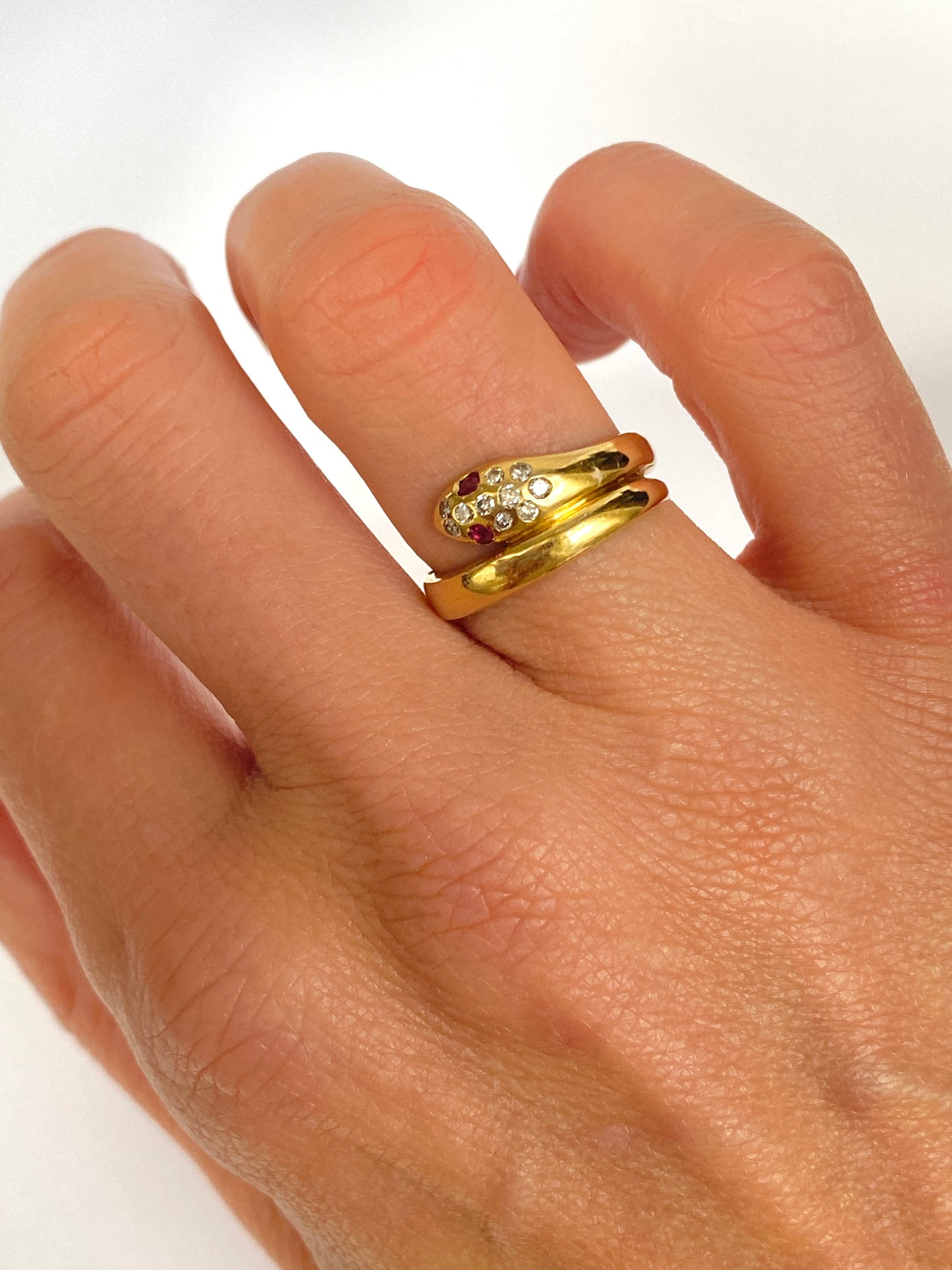 Vintage, Hallmarked 18ct Gold, Diamond and Ruby Snake Ring, 3.65g