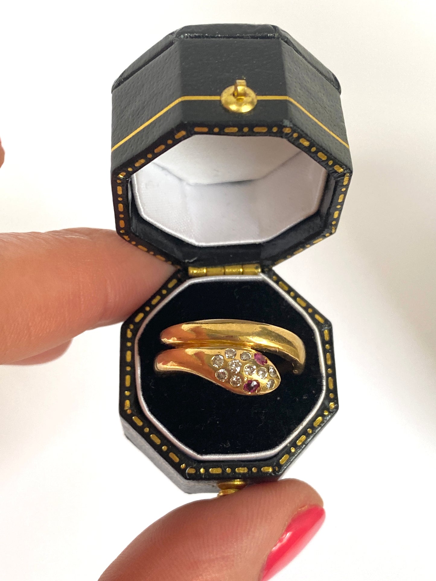 Vintage, Hallmarked 18ct Gold, Diamond and Ruby Snake Ring, 3.65g