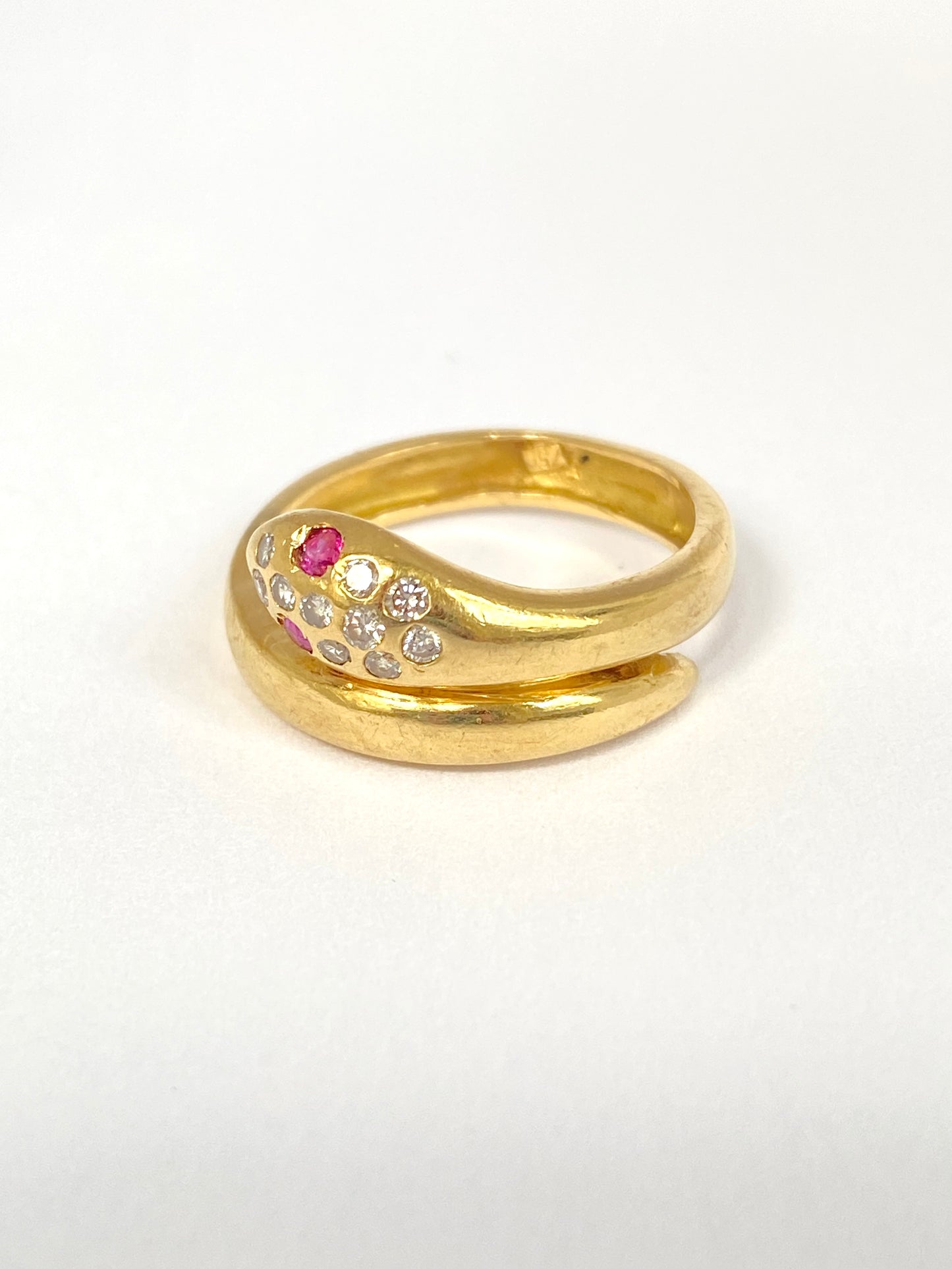 Vintage, Hallmarked 18ct Gold, Diamond and Ruby Snake Ring, 3.65g