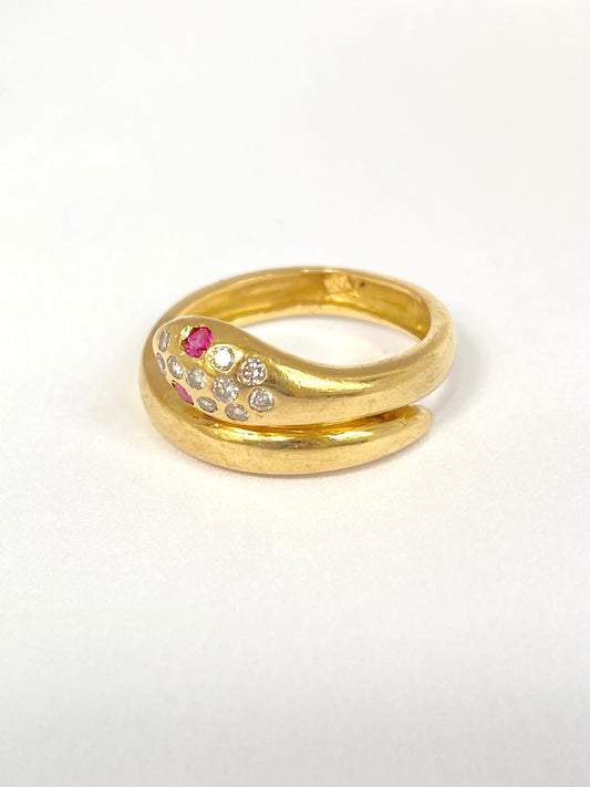 Vintage, Hallmarked 18ct Gold, Diamond and Ruby Snake Ring, 3.65g