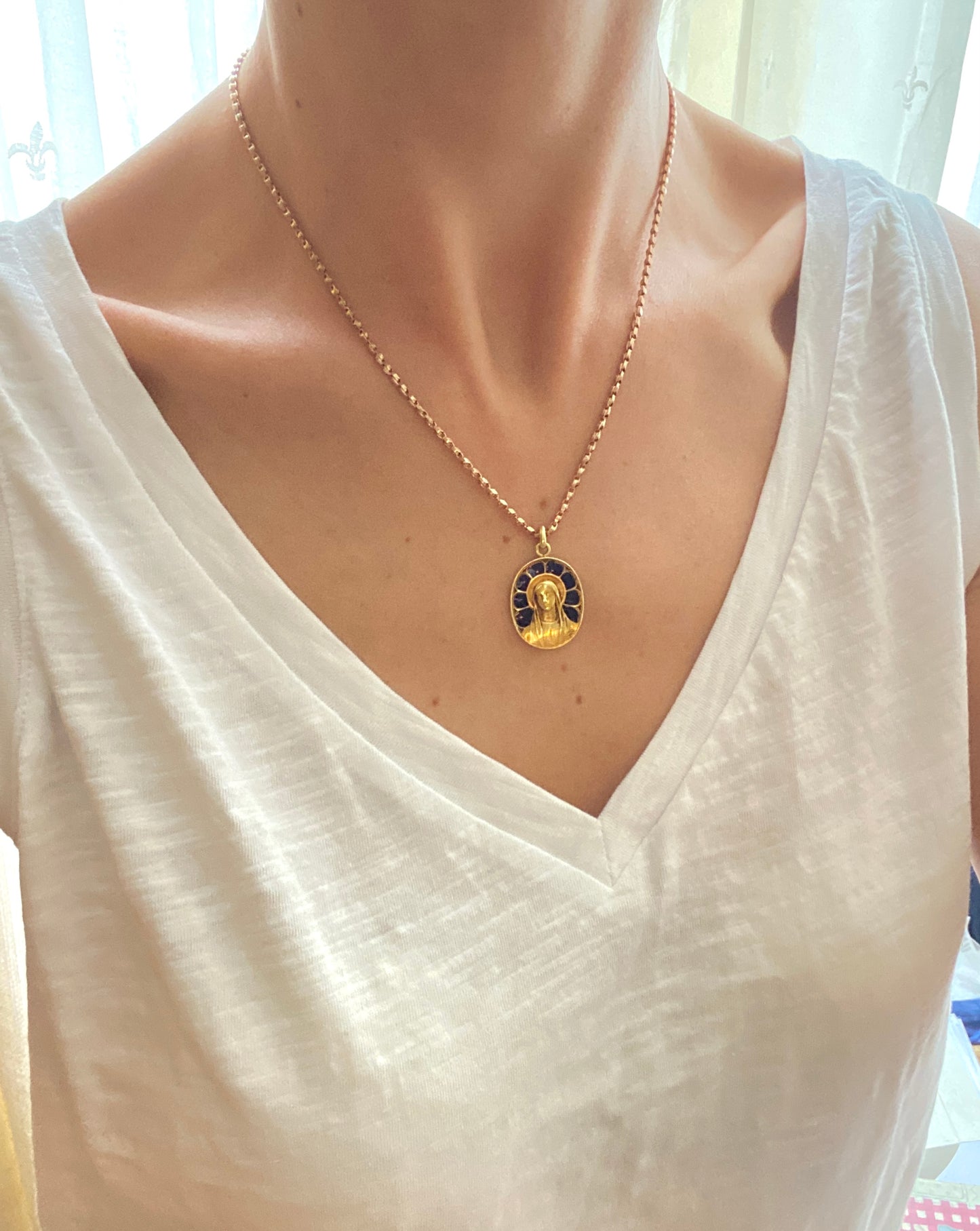 Rare, Antique, French 18ct Gold, Madonna (Virgin Mary) 'Plique a jour'  Blue Enamel Religious Pendant
