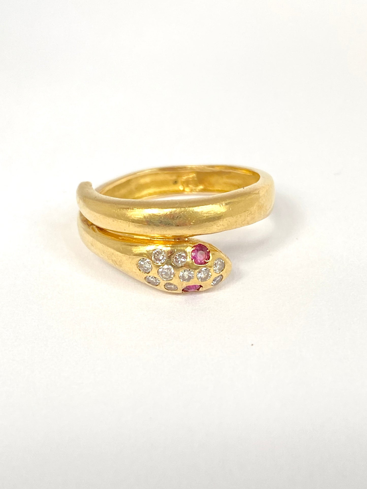Vintage, Hallmarked 18ct Gold, Diamond and Ruby Snake Ring, 3.65g