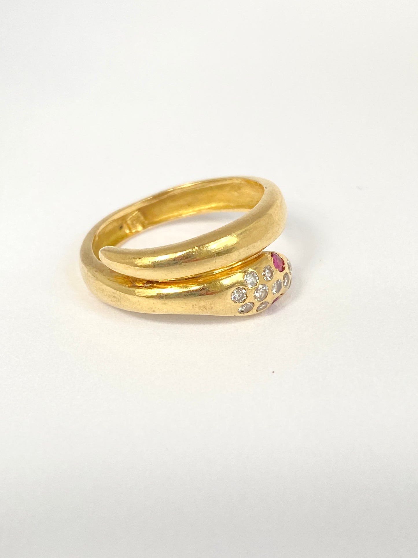 Vintage, Hallmarked 18ct Gold, Diamond and Ruby Snake Ring, 3.65g