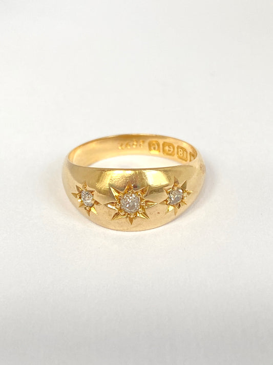 Antique, 18ct Gold, Diamond Starburst Trilogy Ring, Hallmarked 18ct Gold, Birmingham, 1904