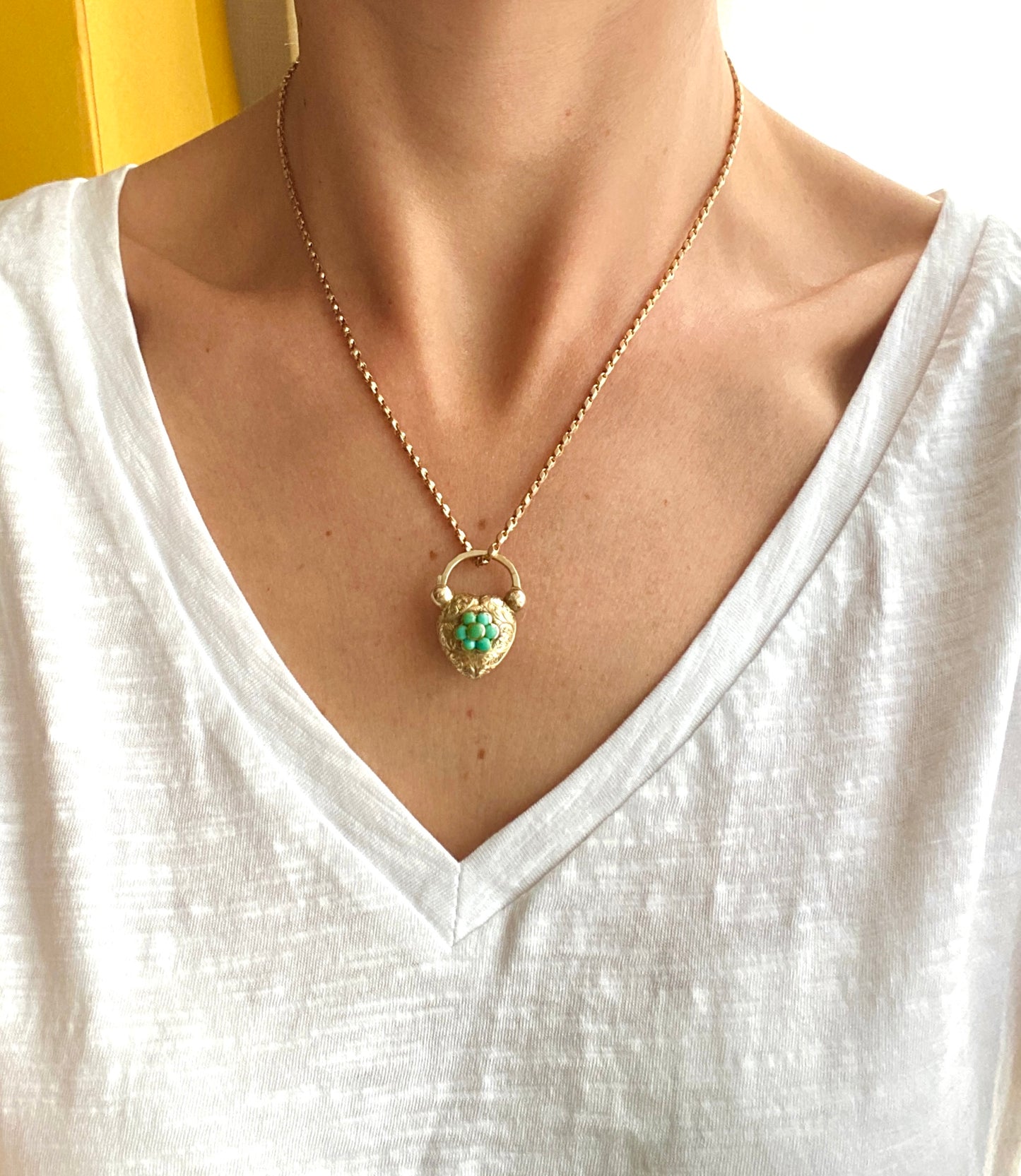 2nd and 3rd payment Rare, Antique, 15ct Gold Forget-me-not Turquoise Engraved, Heart Padlock Pendant/Clasp