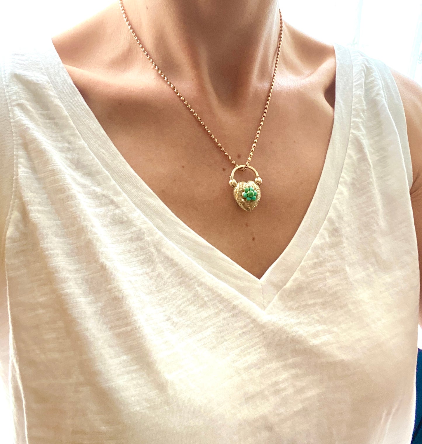 2nd and 3rd payment Rare, Antique, 15ct Gold Forget-me-not Turquoise Engraved, Heart Padlock Pendant/Clasp