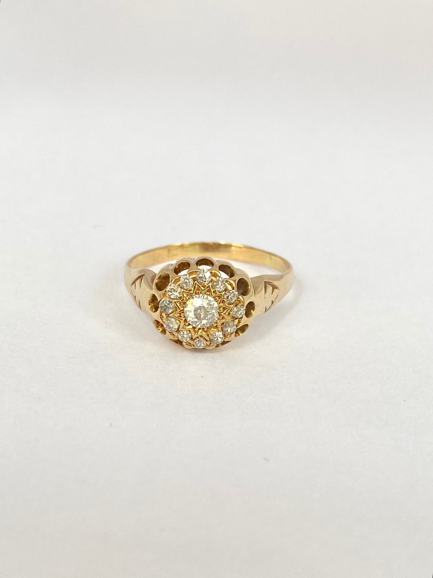 RESERVED Antique, 18ct Gold Old Mine Cut Diamond Cluster Engagement Ring