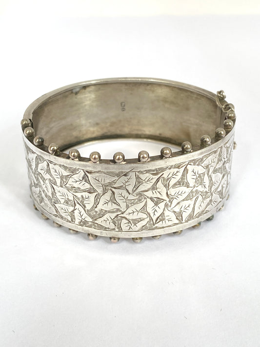 Victorian, Antique, Solid Silver Ivy Leaf Decorated Bangle, Hallmarked, Birmingham, 1885