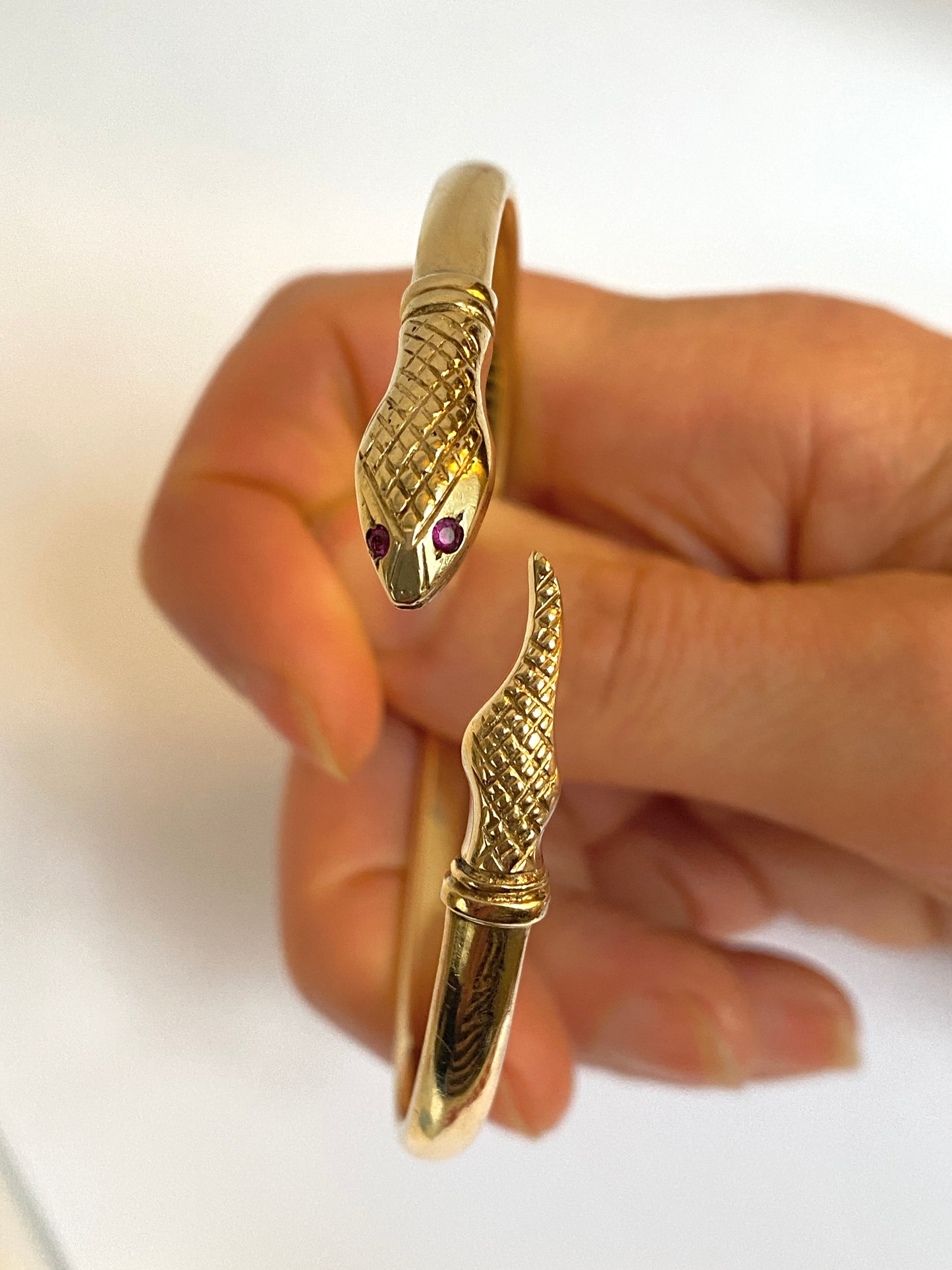 Rare, Vintage, 9ct Yellow Gold, Ruby Eyed Snake Bangle (11.23g)