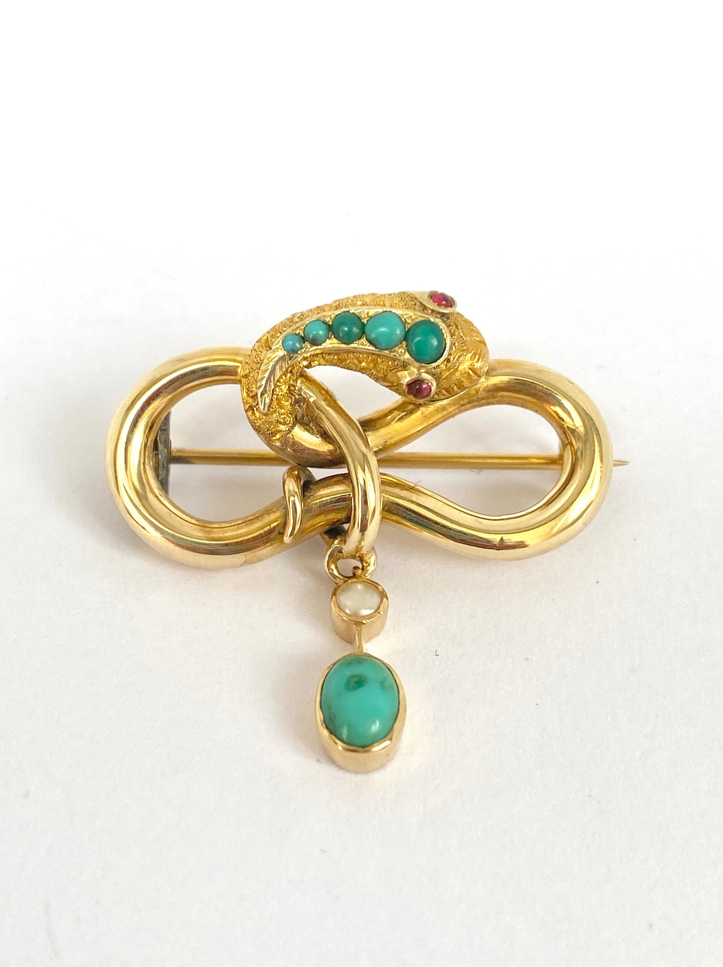 RESERVED 2nd payment Antique, 15ct Gold Turquoise, Ruby eyed Snake Brooch