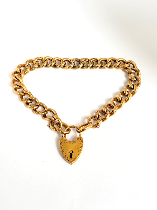 9ct Gold, Victorian Night and Day Bracelet with Heart Padlock Clasp, 14.22 and 8 inches