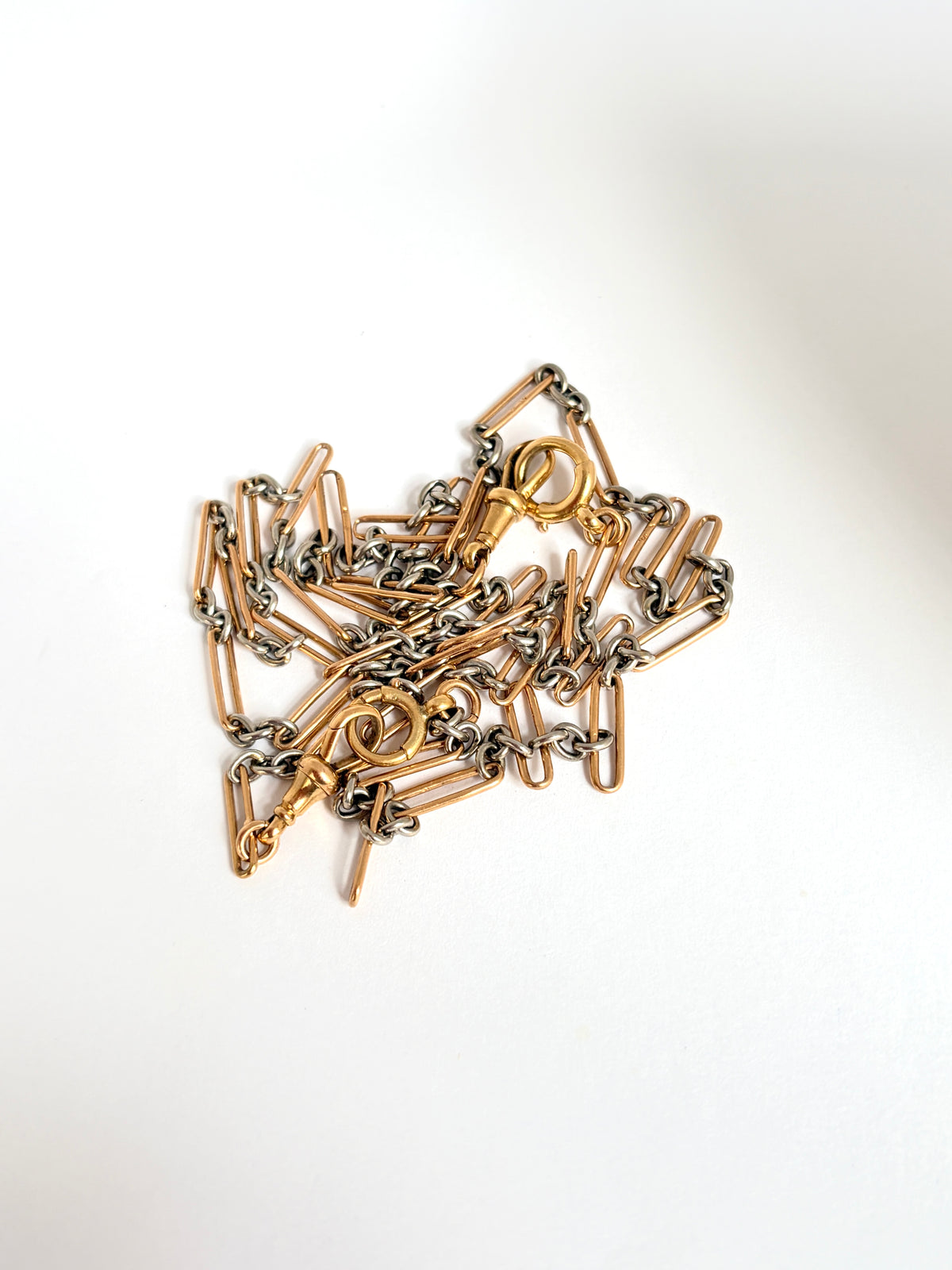 Antique, 18ct Gold and Platinum paperclip chain with double dog clip & double bolt ring, 32 inches, 28.93g