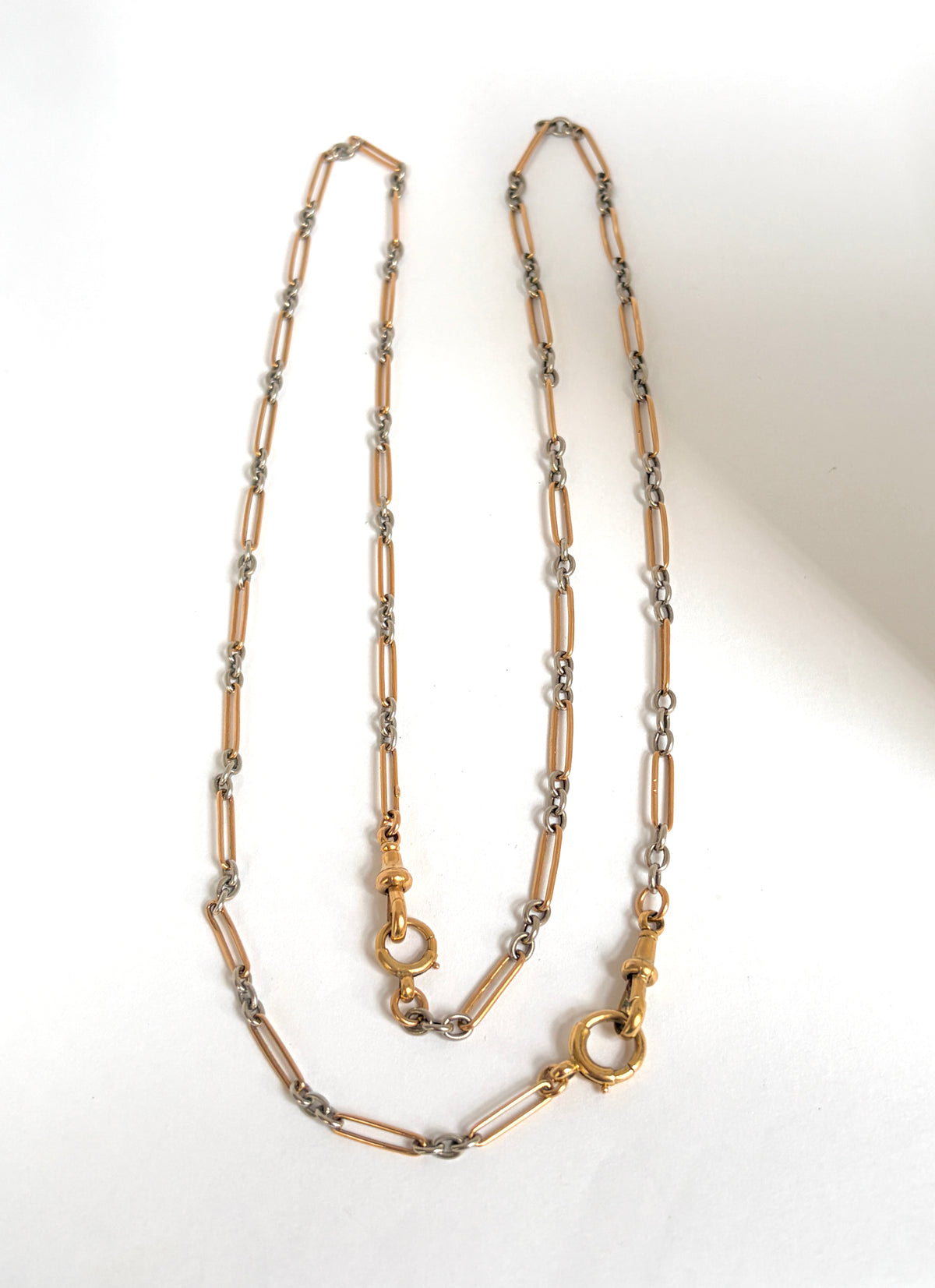 Antique, 18ct Gold and Platinum paperclip chain with double dog clip & double bolt ring, 32 inches, 28.93g