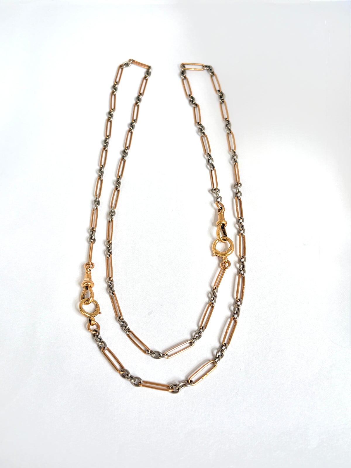 Antique, 18ct Gold and Platinum paperclip chain with double dog clip & double bolt ring, 32 inches, 28.93g