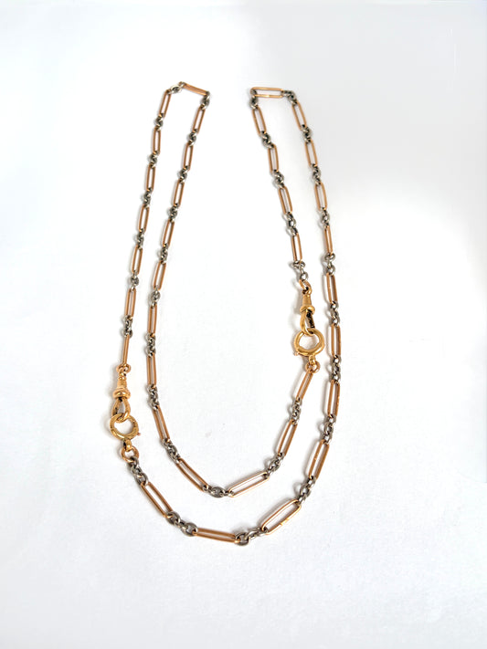 Antique, 18ct Gold and Platinum paperclip chain with double dog clip & double bolt ring, 32 inches, 28.93g