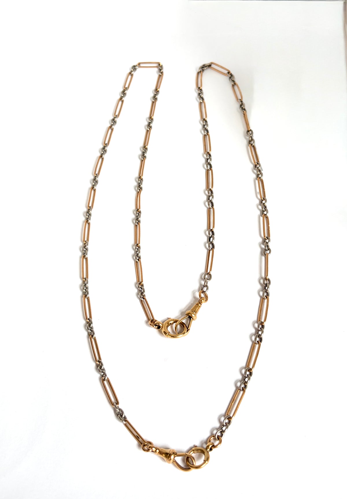Antique, 18ct Gold and Platinum paperclip chain with double dog clip & double bolt ring, 32 inches, 28.93g