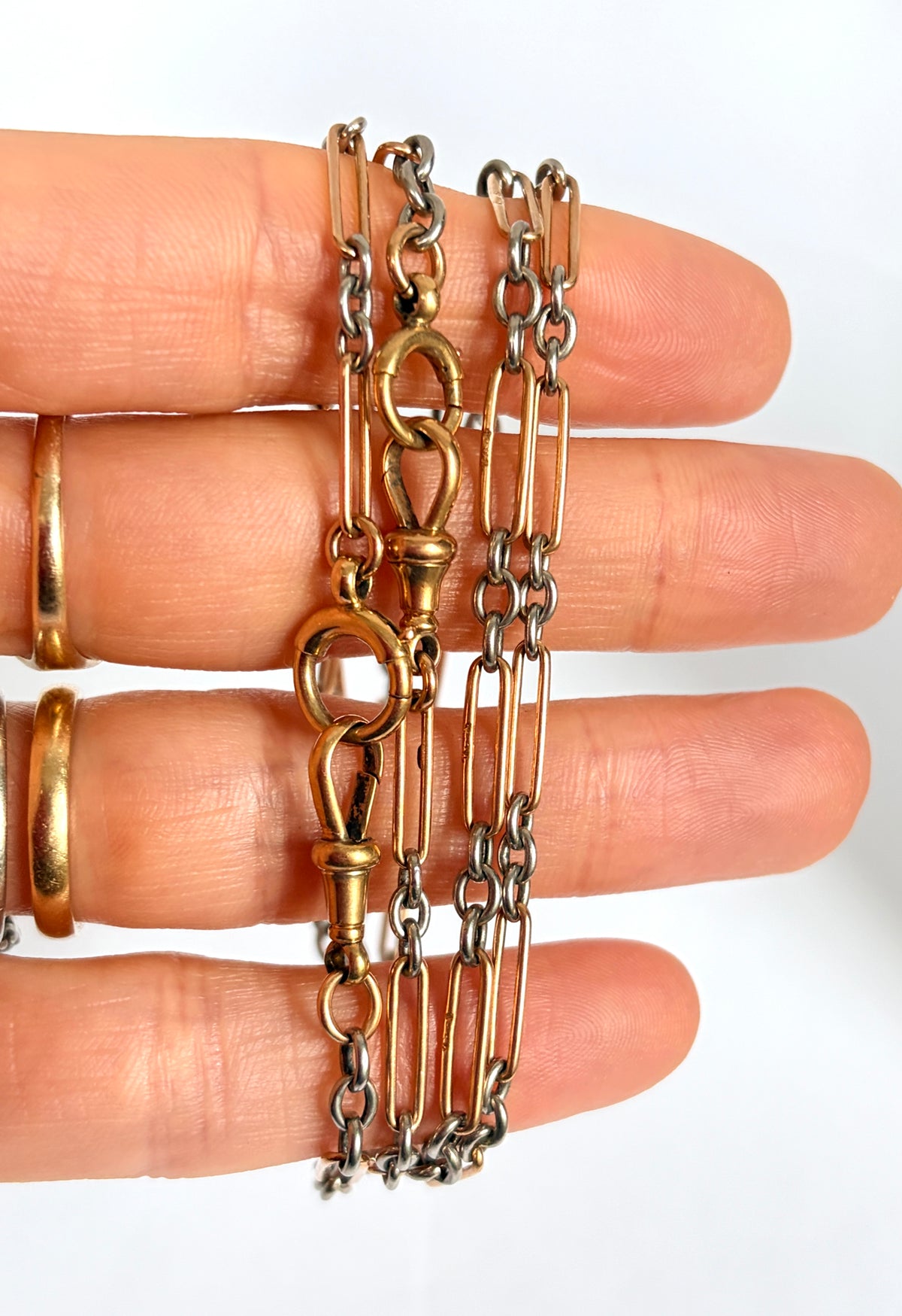 Antique, 18ct Gold and Platinum paperclip chain with double dog clip & double bolt ring, 32 inches, 28.93g