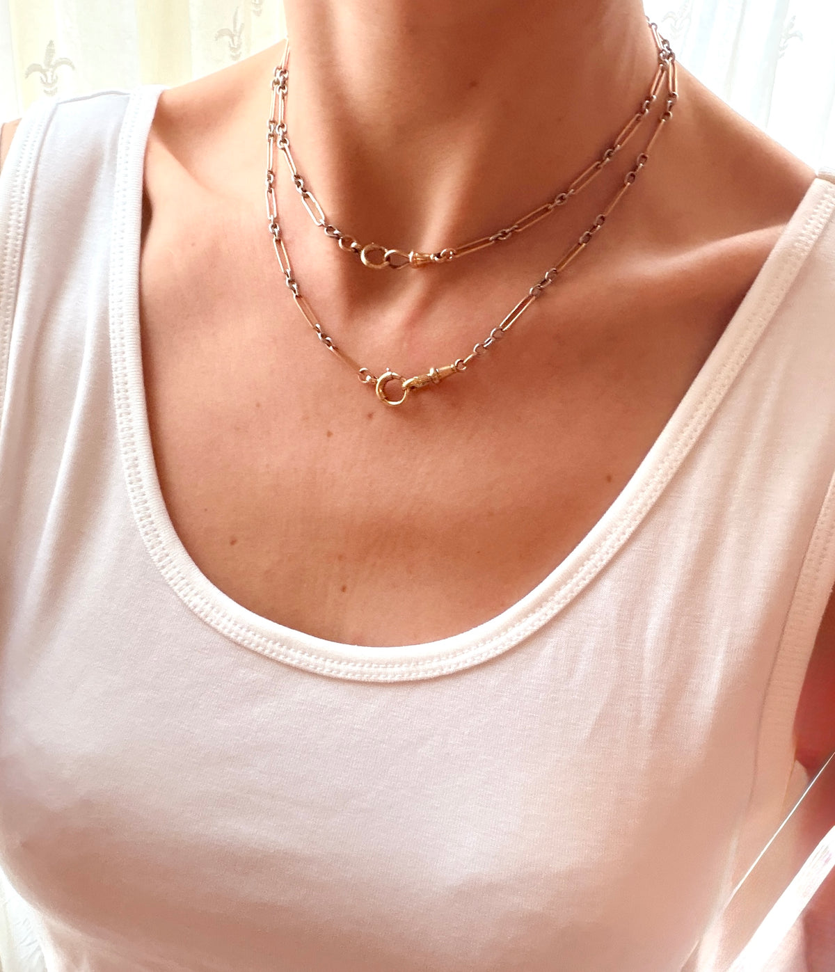 Antique, 18ct Gold and Platinum paperclip chain with double dog clip & double bolt ring, 32 inches, 28.93g