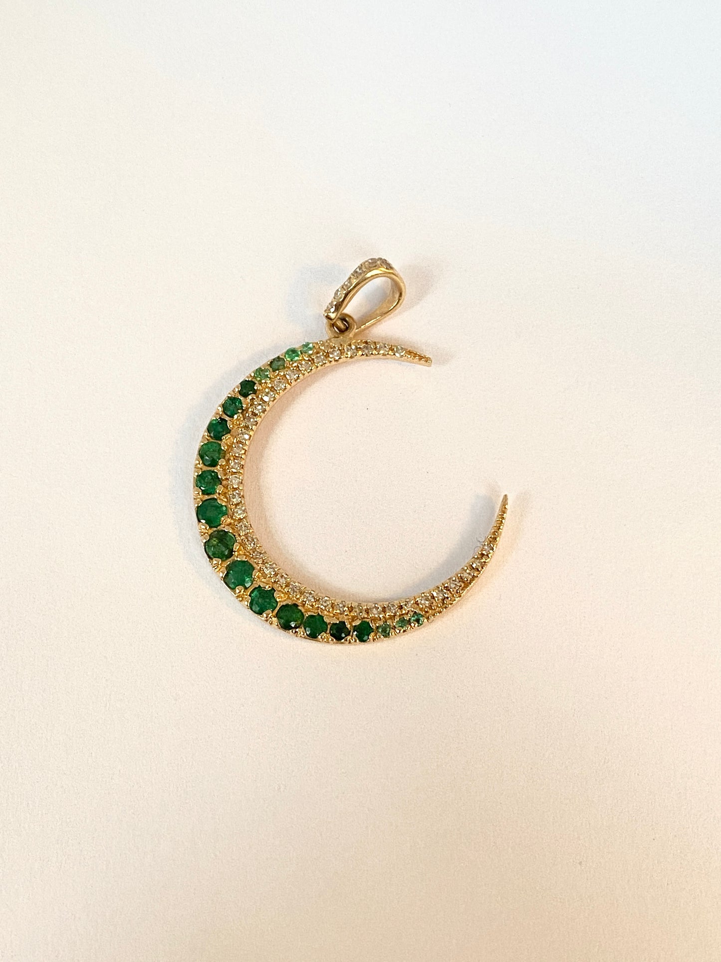 Modern, Vintage Style, 14ct Gold Emerald and Diamond Crescent Moon