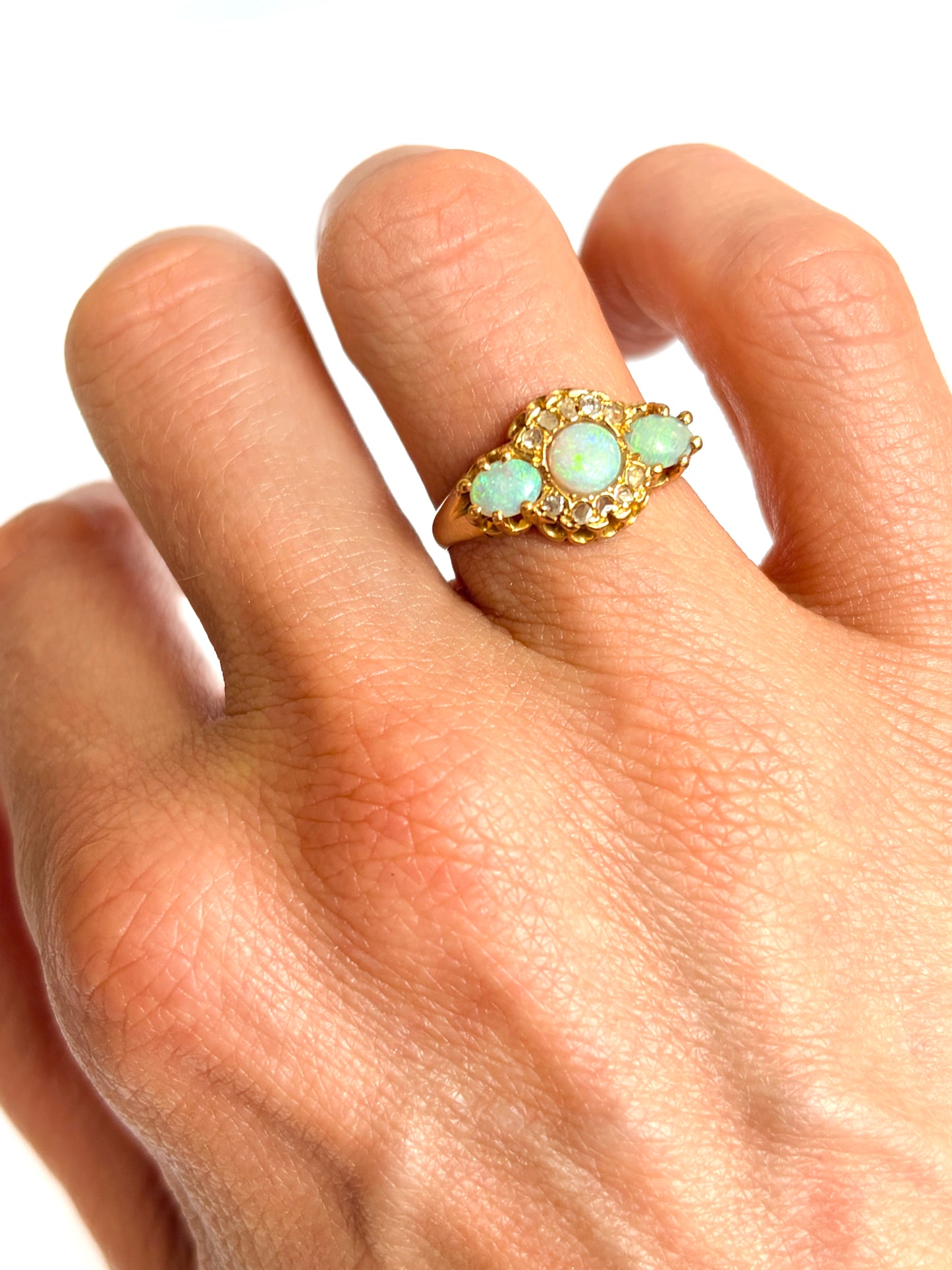 Antique 18ct Gold Opal and Rose Cut Diamond Ring, Hallmarked BIrmingham 1908