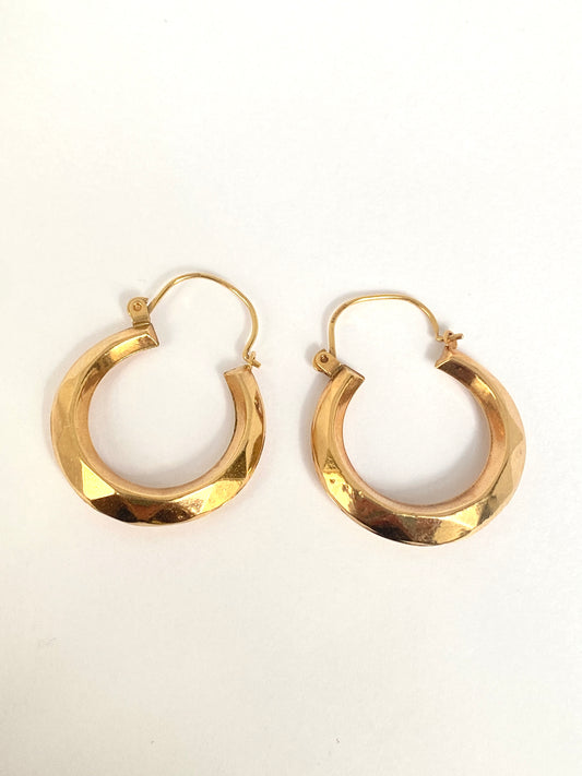 Vintage, Solid 9ct Gold, Medium Faceted Hoop Earrings