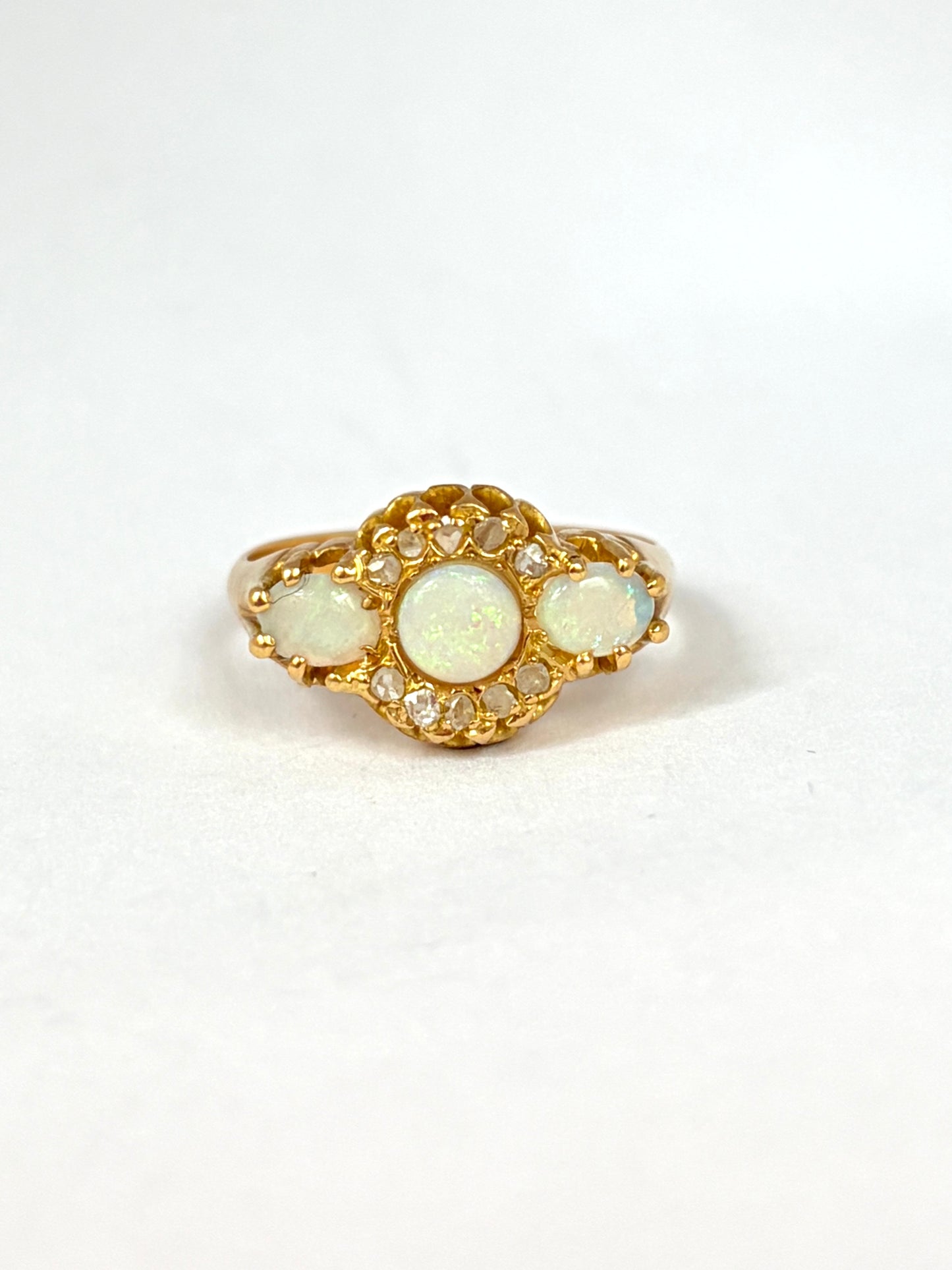 Antique 18ct Gold Opal and Rose Cut Diamond Ring, Hallmarked BIrmingham 1908