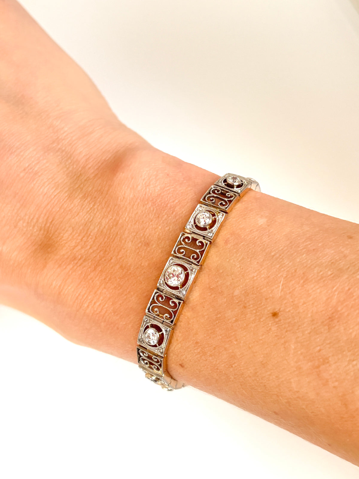 Incredible, Art Deco, Platinum and 18ct Gold Diamond Graduated Line Bracelet; 14.71g, 7 inches