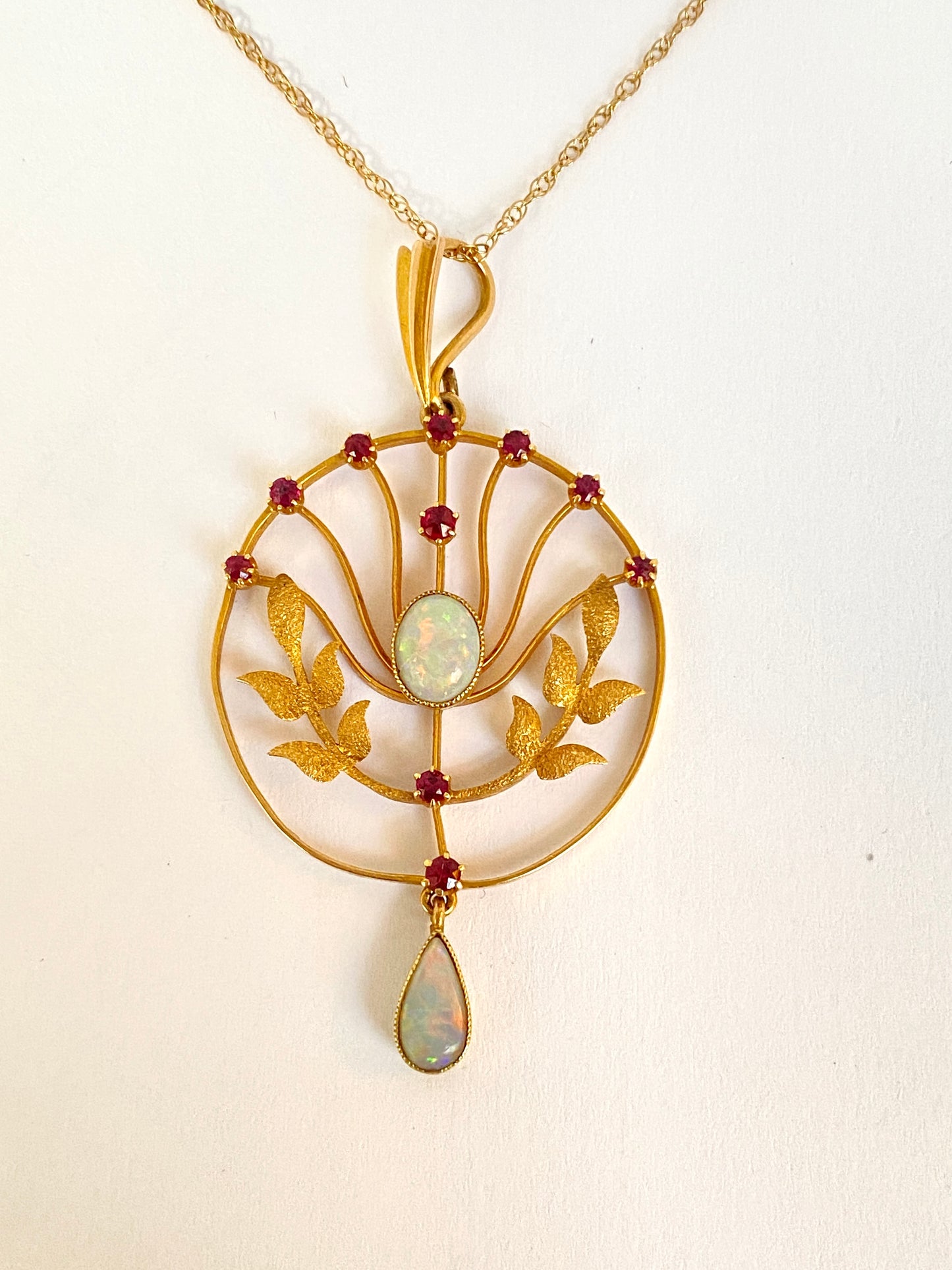 15 Gold, Art Nouveau, Antique Ruby and Opal Necklace