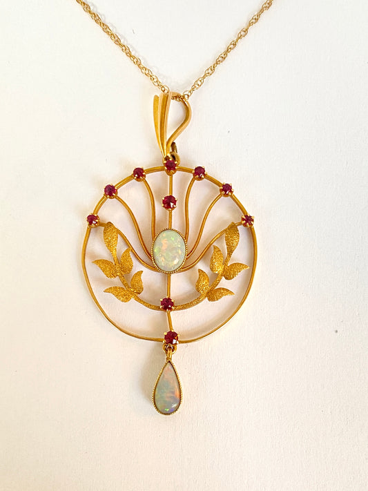 15 Gold, Art Nouveau, Antique Ruby and Opal Necklace
