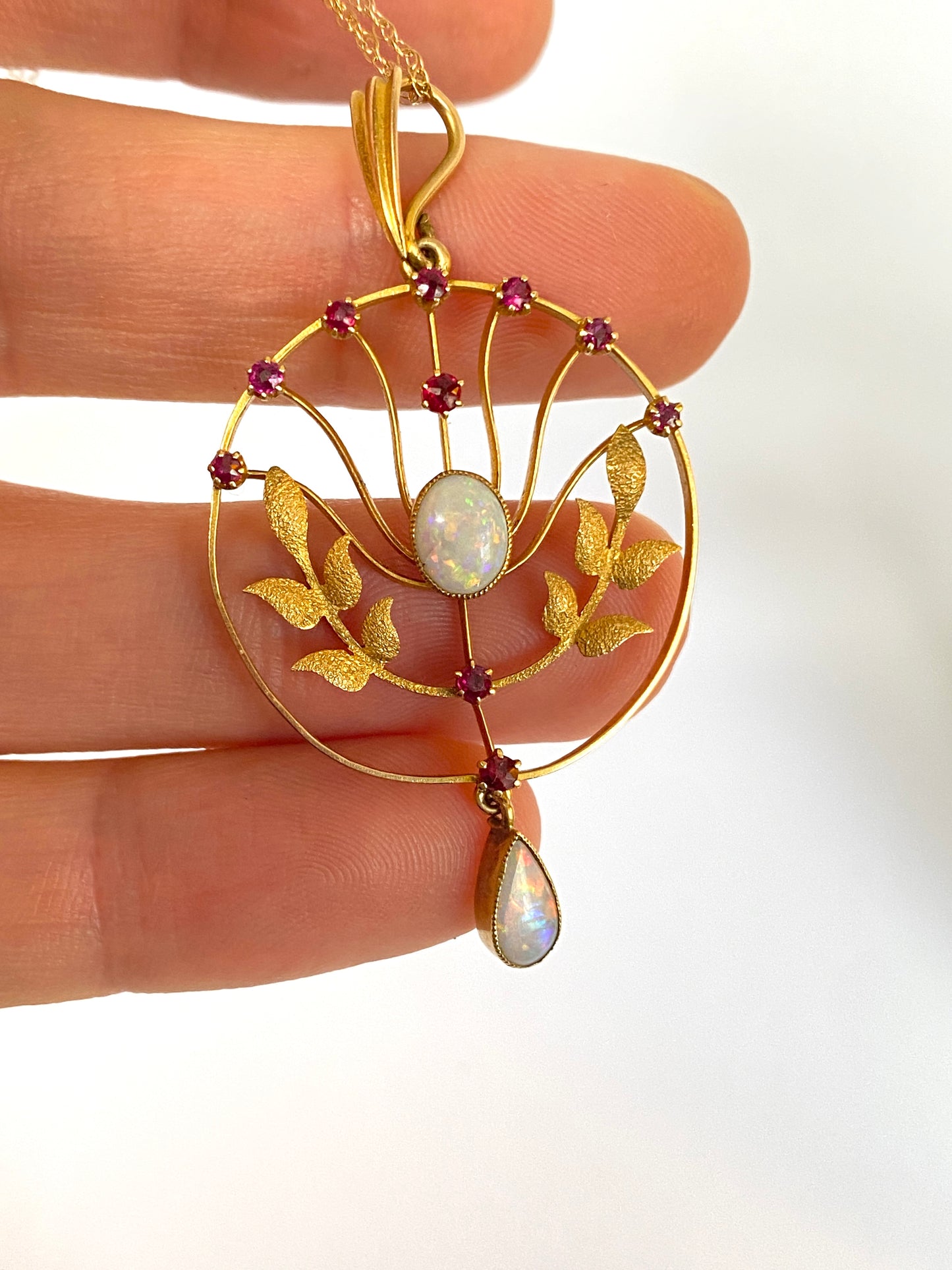 15 Gold, Art Nouveau, Antique Ruby and Opal Necklace