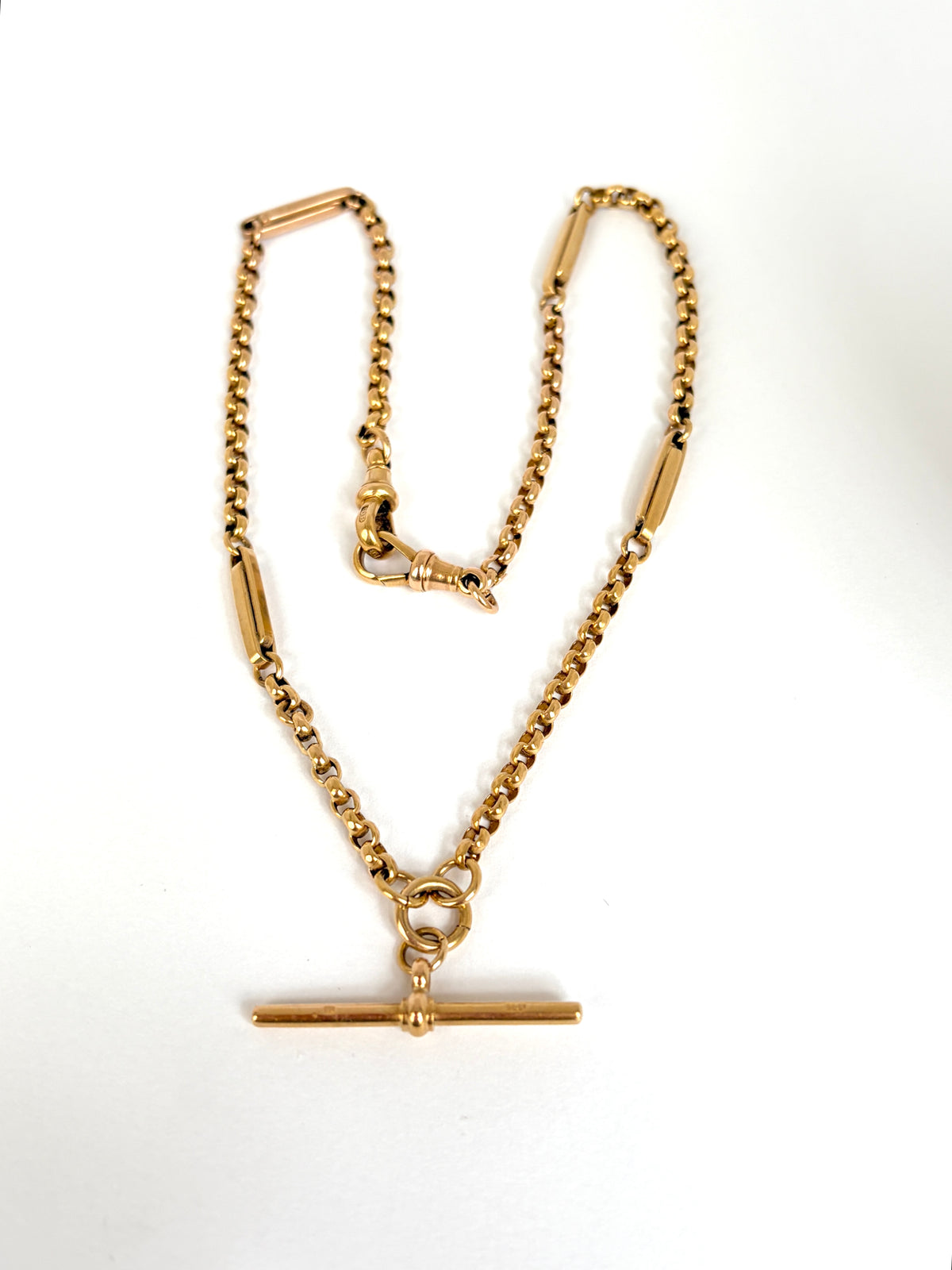 16 inch, Victorian 9ct Gold Fancy Link Albert Watch Chain with T bar and dog clips (12.31g)