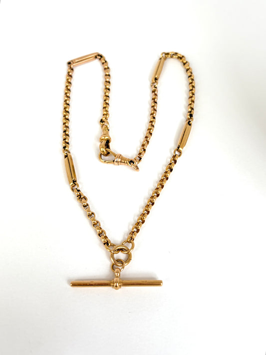 16 inch, Victorian 9ct Gold Fancy Link Albert Watch Chain with T bar and dog clips (12.31g)