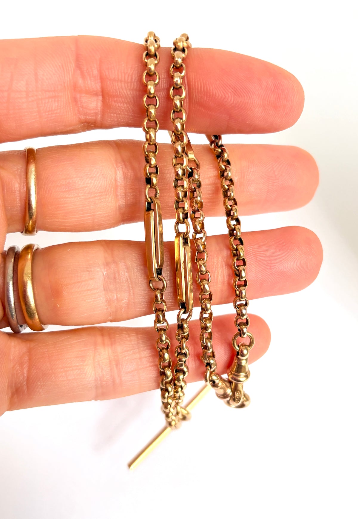 16 inch, Victorian 9ct Gold Fancy Link Albert Watch Chain with T bar and dog clips (12.31g)