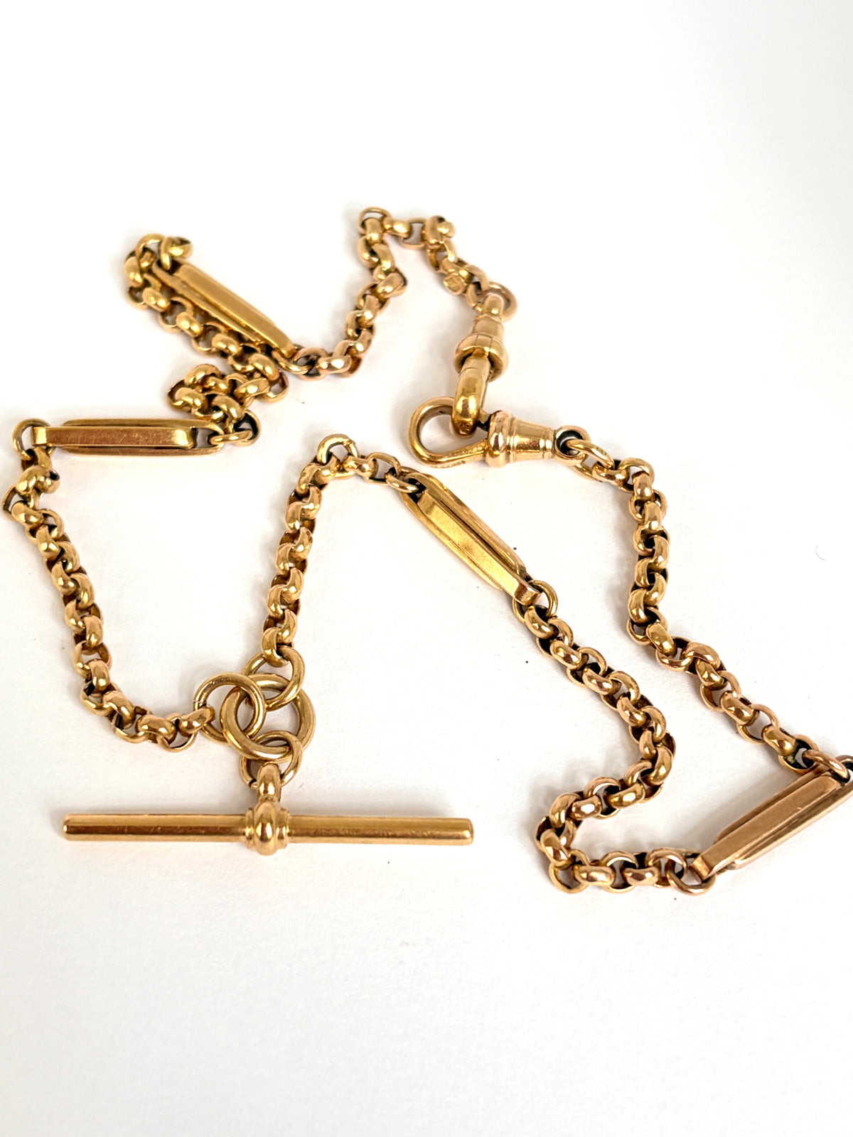 16 inch, Victorian 9ct Gold Fancy Link Albert Watch Chain with T bar and dog clips (12.31g)