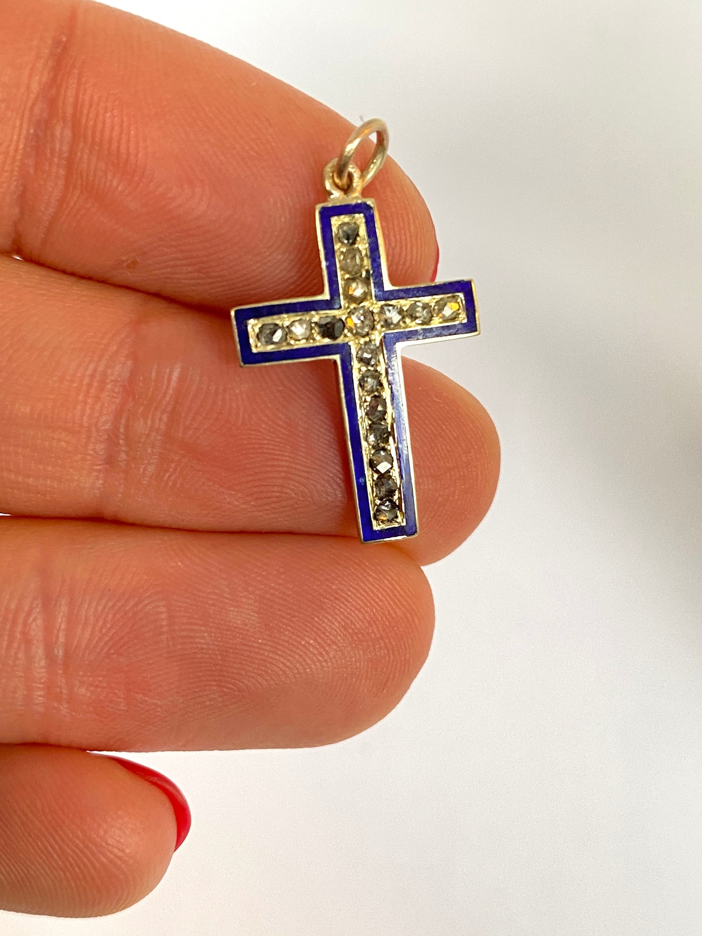 Victorian, Rose cut Diamond, Silver and Blue Enamel Cross / Pendant