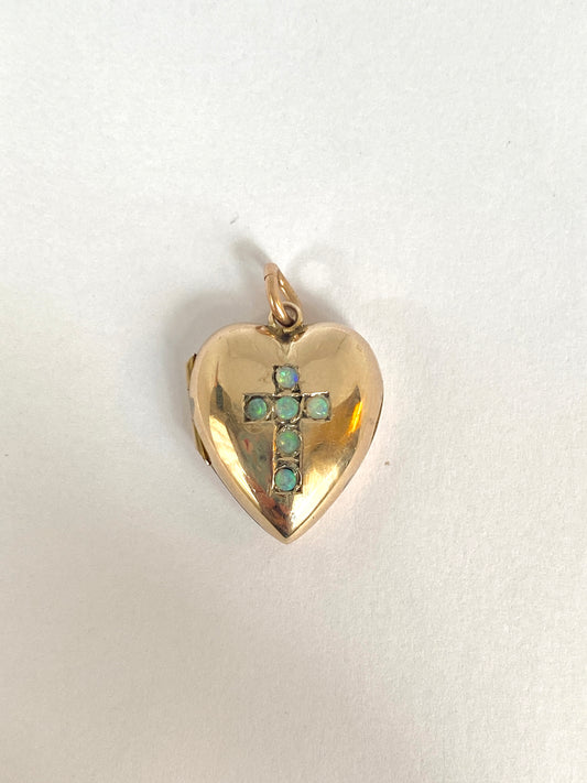 Vintage 18ct Gold Heart locket with Opal Crucifix