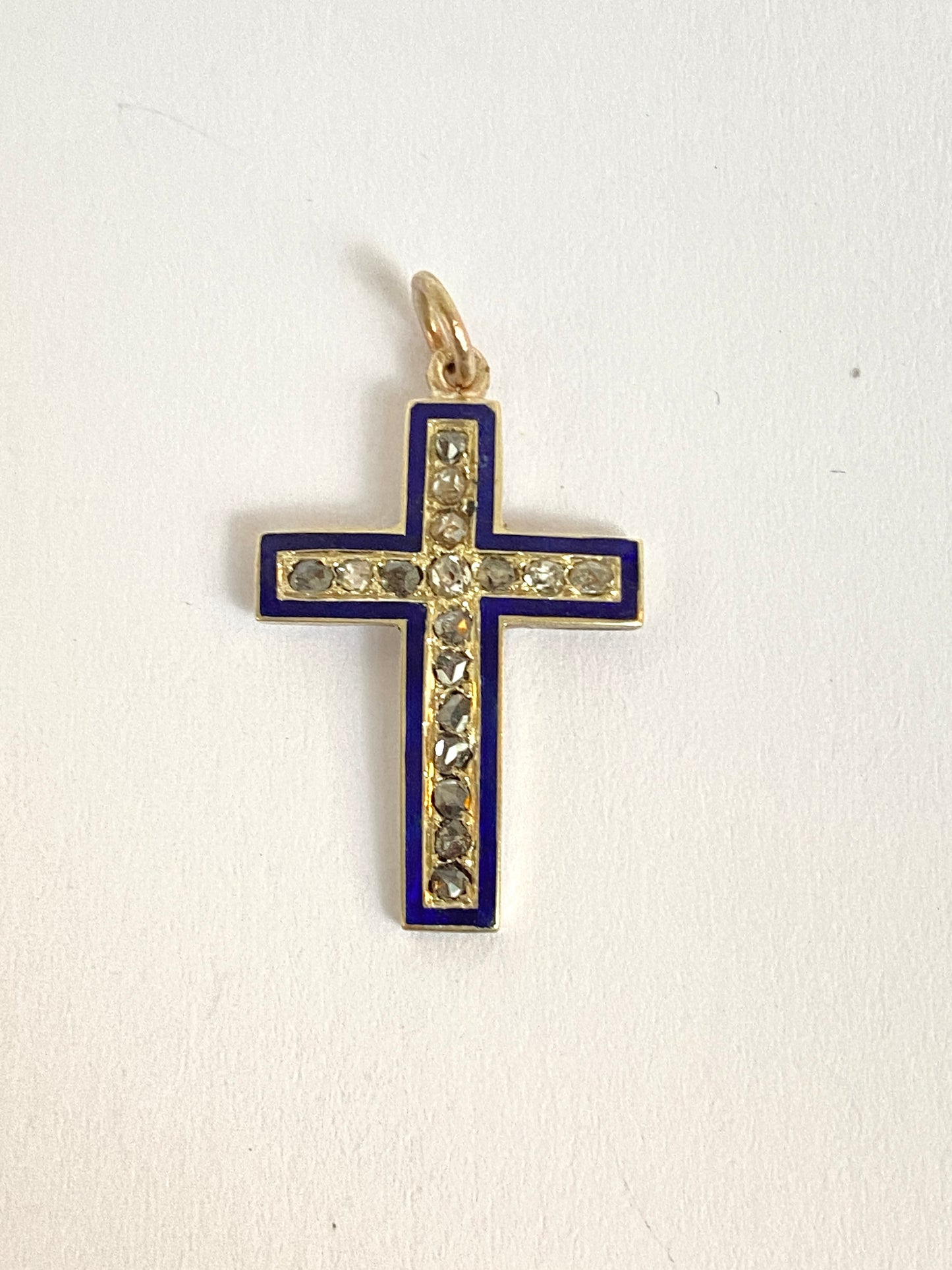 Victorian, Rose cut Diamond, Silver and Blue Enamel Cross / Pendant