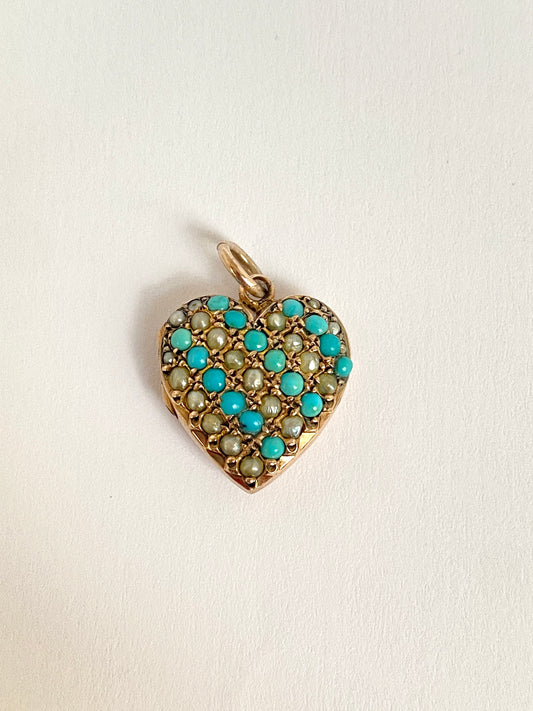 Vintage 9ct Gold Turquoise & Seed Pearl Heart Locket/Pendant