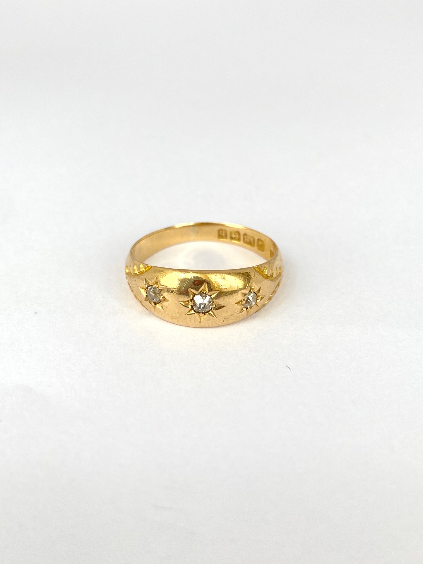 Antique, 18ct Gold, Old Cut Diamond, 3 Star, Gypsy Ring, Hallmarked Birmingham, 1907