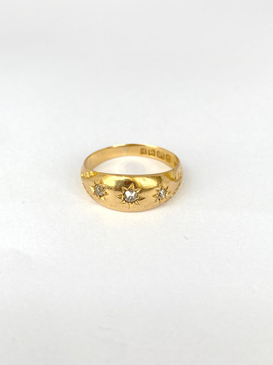 Antique, 18ct Gold, Old Cut Diamond, 3 Star, Gypsy Ring, Hallmarked Birmingham, 1907