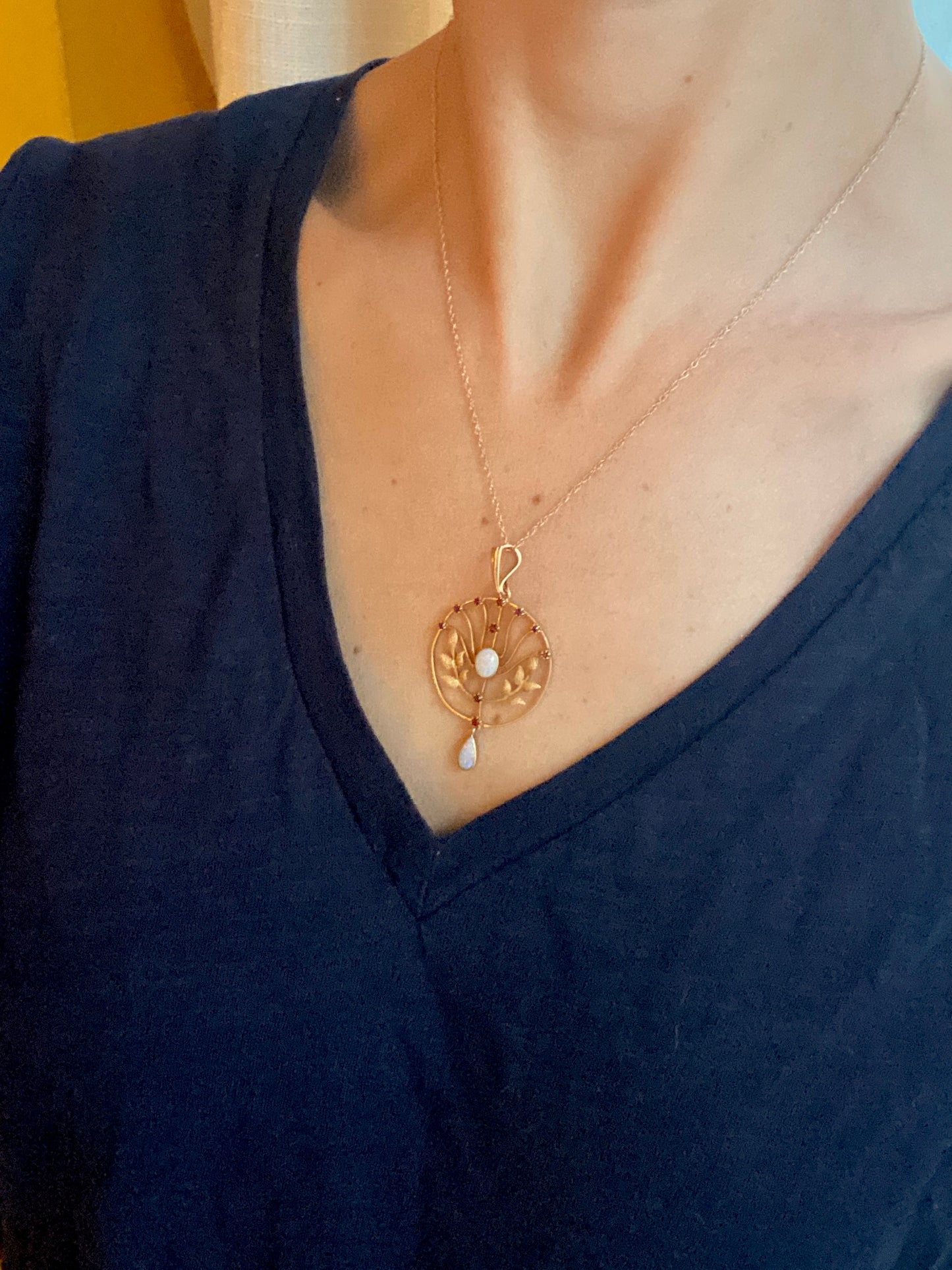 15 Gold, Art Nouveau, Antique Ruby and Opal Necklace