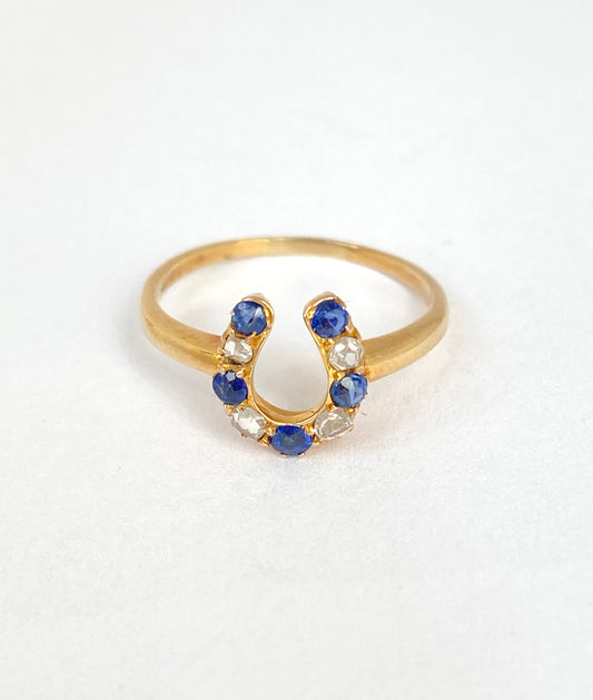 Vintage, Art Deco 18ct Gold, Sapphire and Diamond Horse Shoe Ring