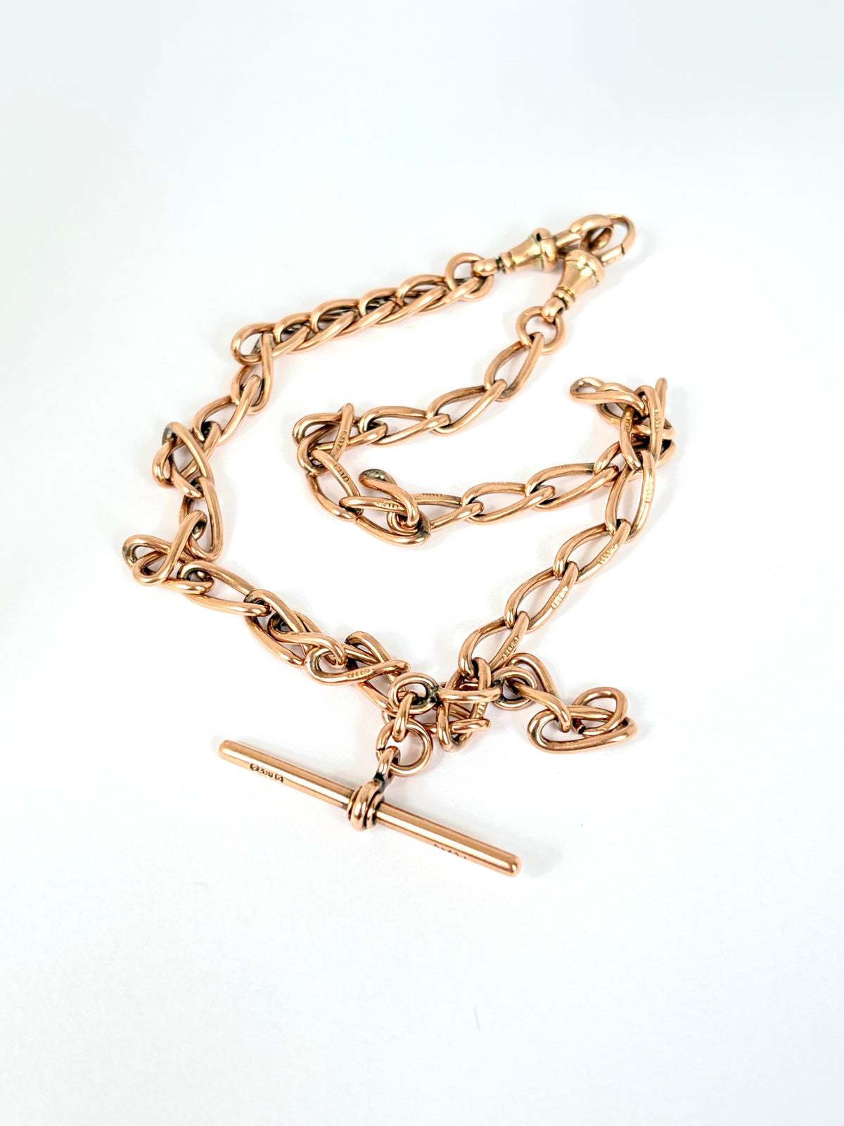 15.7 inch, Antique, Victorian 9ct Gold  Albert Watch Chain with floating T-Bar and Dog Clips
