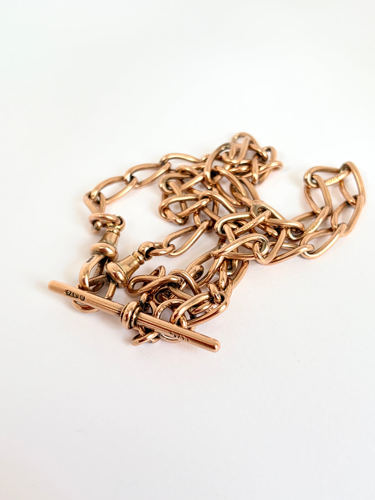 15.7 inch, Antique, Victorian 9ct Gold  Albert Watch Chain with floating T-Bar and Dog Clips