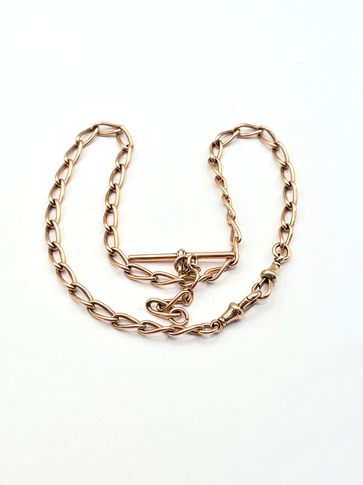 15.7 inch, Antique, Victorian 9ct Gold  Albert Watch Chain with floating T-Bar and Dog Clips