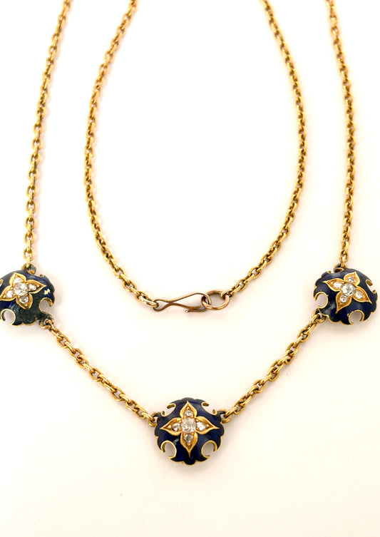 18ct Gold, Victorian Blue Enamel Star Diamond Necklace, 9g