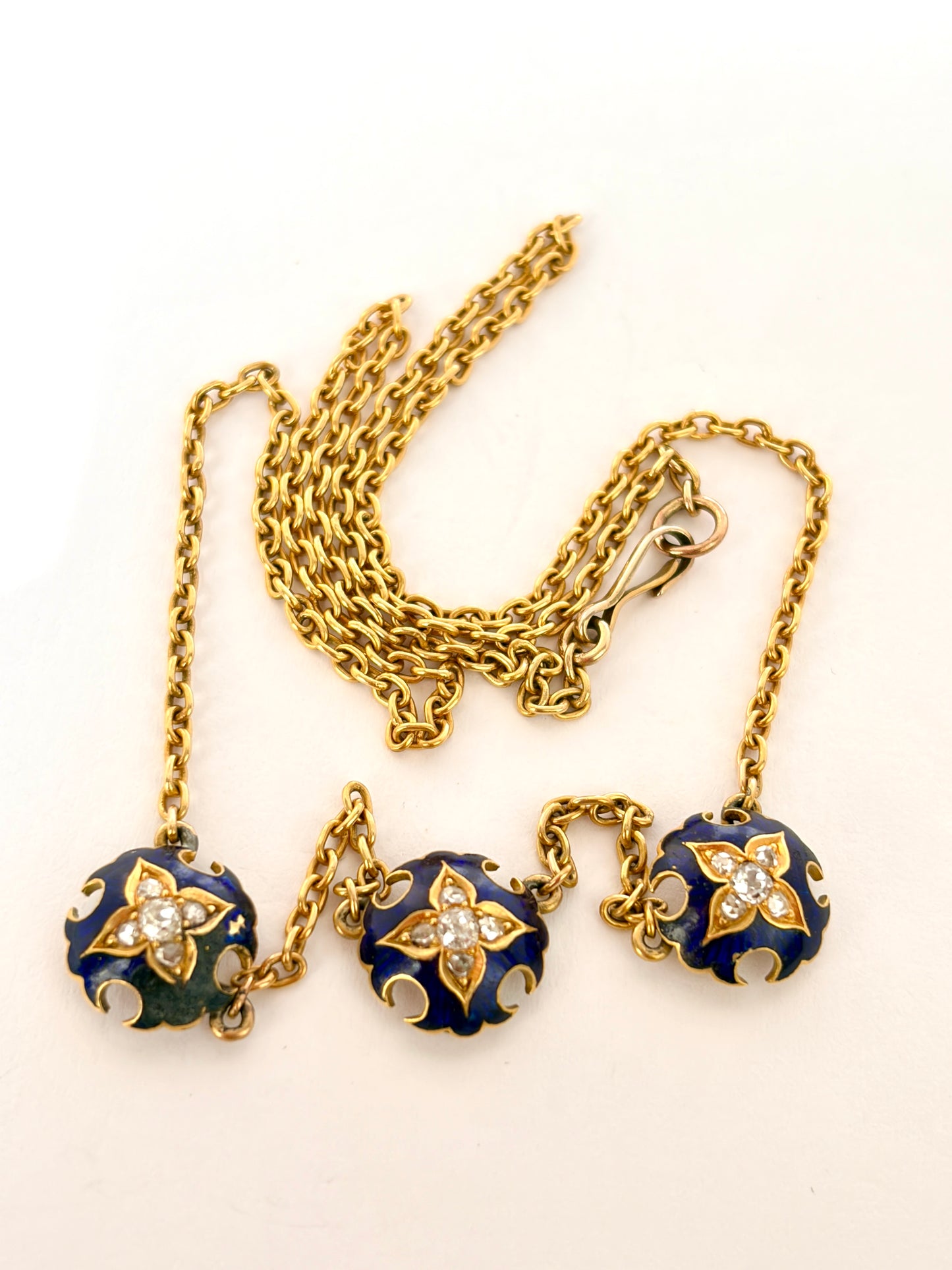 18ct Gold, Victorian Blue Enamel Star Diamond Necklace, 9g