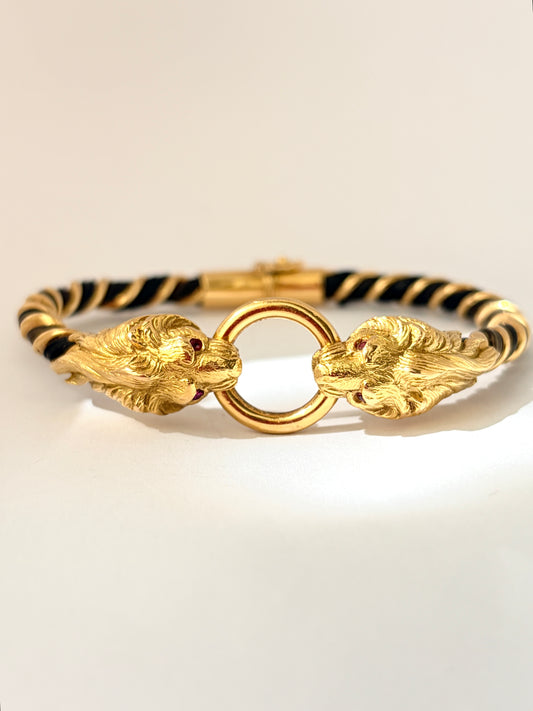 Rare, Victorian, 18ct Gold, Elephant Hair Double Lion Head Bangle, 26.90g