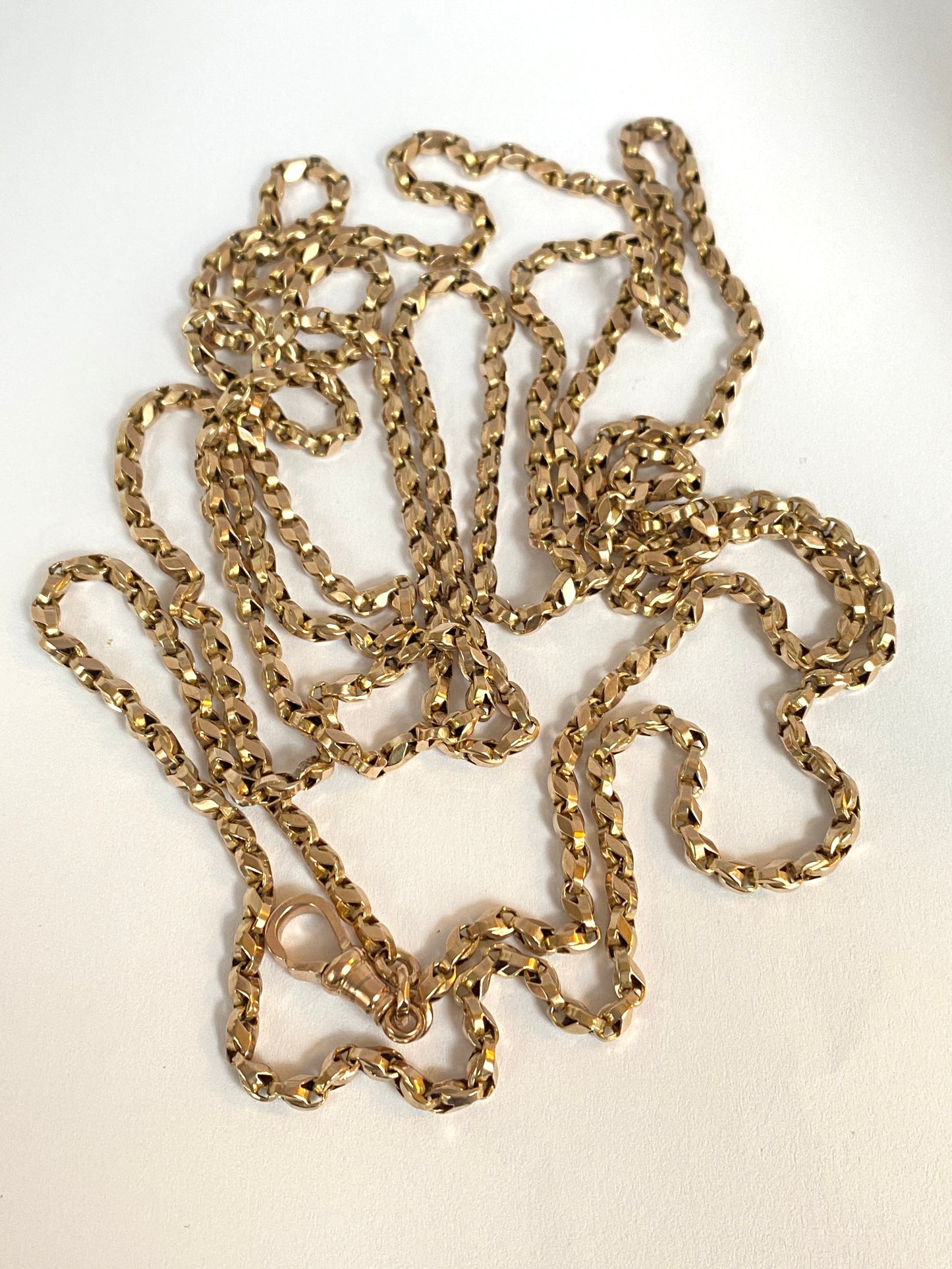 62 inch, Antique, 9ct Gold Victorian Long Guard Chain with Dog Clip 28.85g